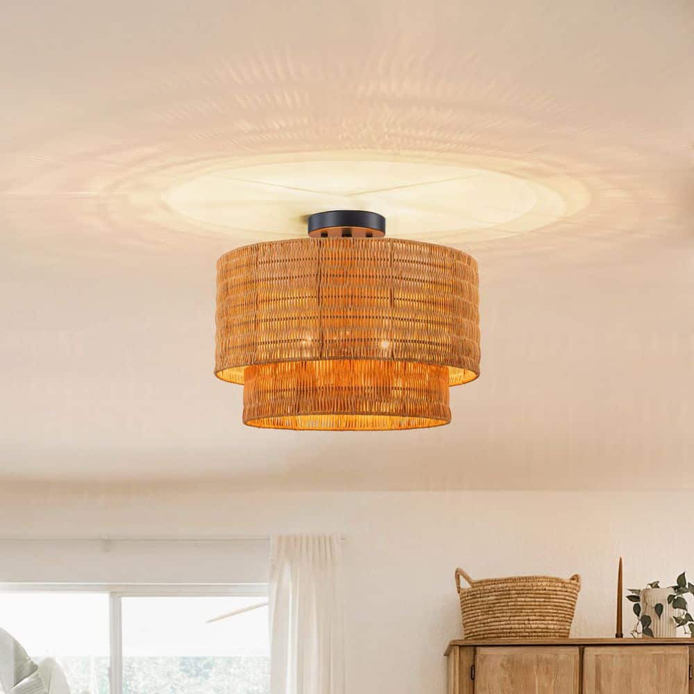 Nevaeh 15.7 in. 3-Light Black 2-Tiered Rattan Semi-Flush Mount Ceiling Light price history on PriceWatchPro