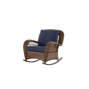 Beacon Park Brown Wicker Outdoor Patio Rocking Chair with CushionGuard Midnight Navy Blue Cushions