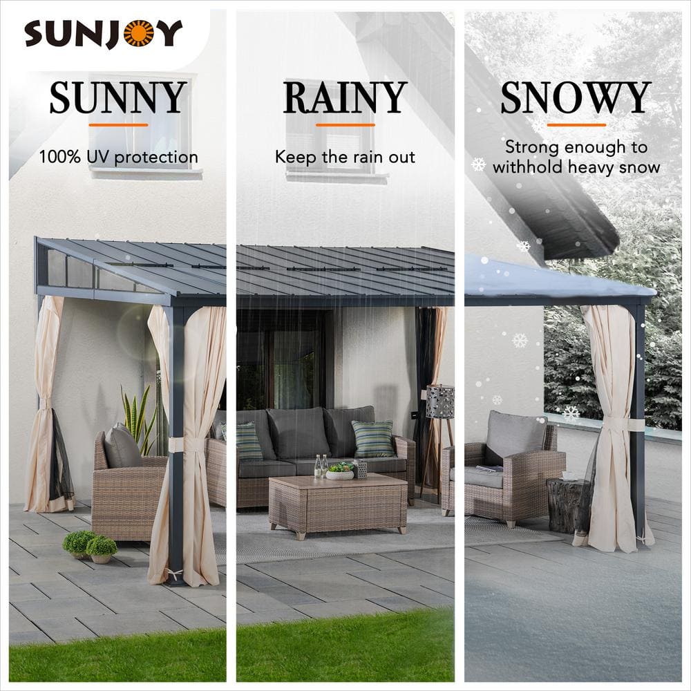 Sunjoy 12' x 14' Black Aluminum Wall-Mounted Gazebo with Curtains