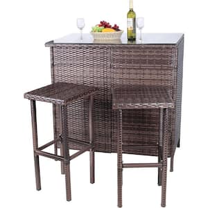 3-Piece Brown Wicker Outdoor Serving Bar Set with Beige Cushions
