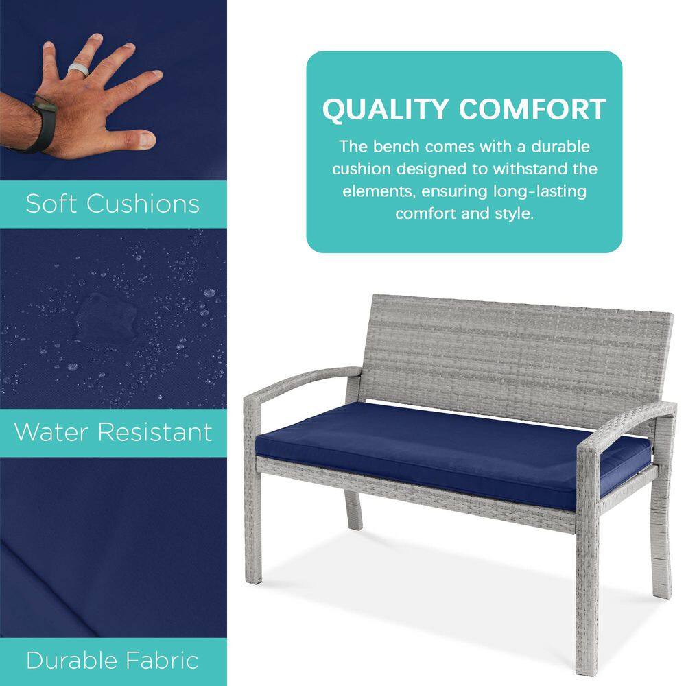 Gray Wicker 2-Person Outdoor Bench with Navy Cushion