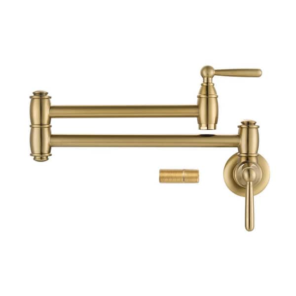 Retro Wall Mounted Brass Pot Filler Stretchable Kitchen Faucet with Double Joint Swing Arm in Brushed Gold