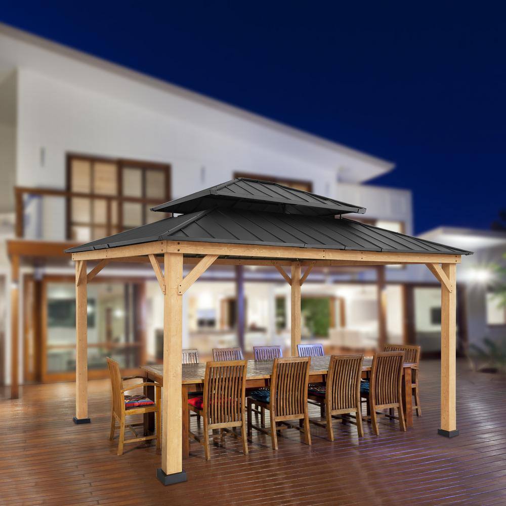 13x15 Cedar and Black Steel Double Roof Gazebo
