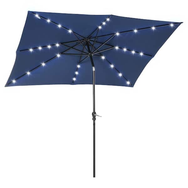 Zeus & Ruta 9 ft. x 7 ft. LED Lighted Rectangular Market Umbrella with Tilt and Crank in Blue