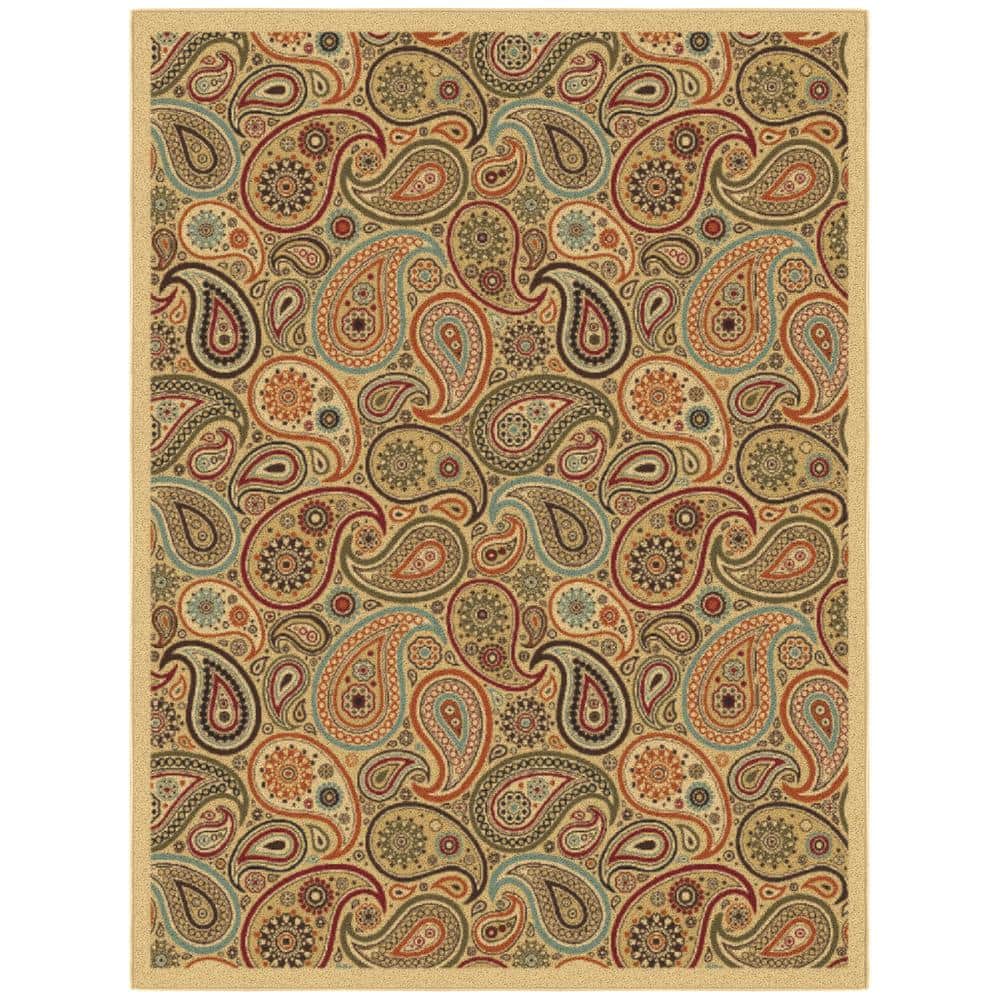 Paisley Design Beige and Red Non-Slip Washable Area Rug