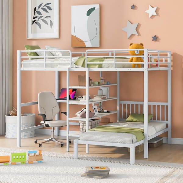 Qualler White Full over Twin Metal Bunk Bed with Built-in Desk and Shelves