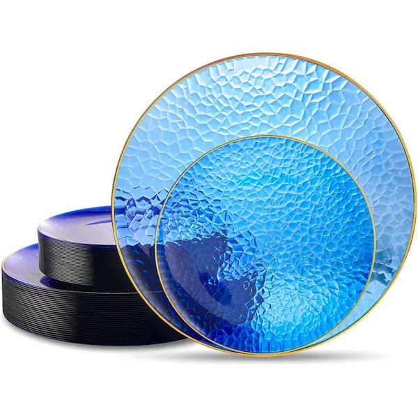 Blue Hammered Plastic Plates with Gold Rim, 60pc Dinnerware Set for 30 Guests, 10.25 in & 7.5 in Plates