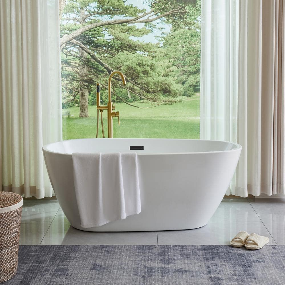 White Acrylic Freestanding Soaking Bathtub with Matte Black Overflow
