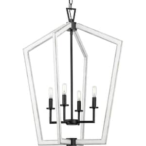 Galloway 4-Light 30 in. Matte Black Modern Farmhouse Foyer Light with Distressed White Accents
