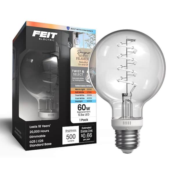 60-Watt Equivalent G25 Globe Dimmable Filament Clear E26 Vintage Edison Twist Select LED Light Bulb Selectable White