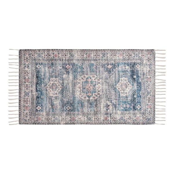 Chinille Fringe Machine Washable Blue 2 ft. x 4 ft. Medallion Accent Area Rug