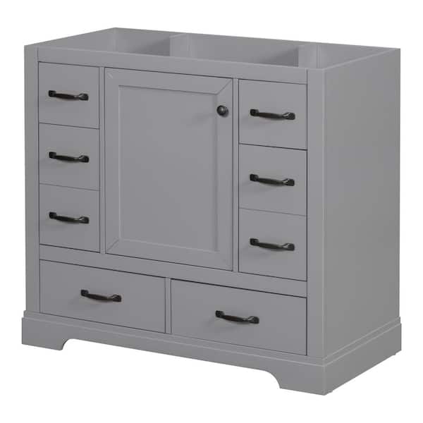 Tileon 35.5 in. W x 17.9 in. D x 33 in. H Freestanding Bath Vanity Cabinet without Top with 1 Door and 6 Drawers in Grey