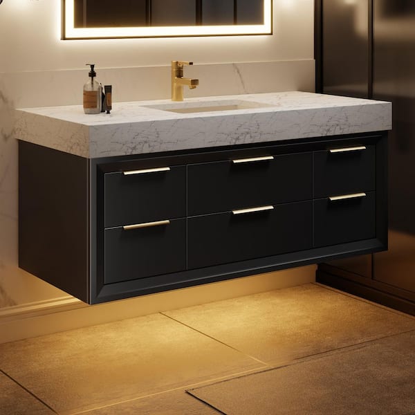 Bevel 48 in. Single Floating Black Solid Wood Bath Vanity with White Engineered Marble Top, Fully Assembled, Soft Close