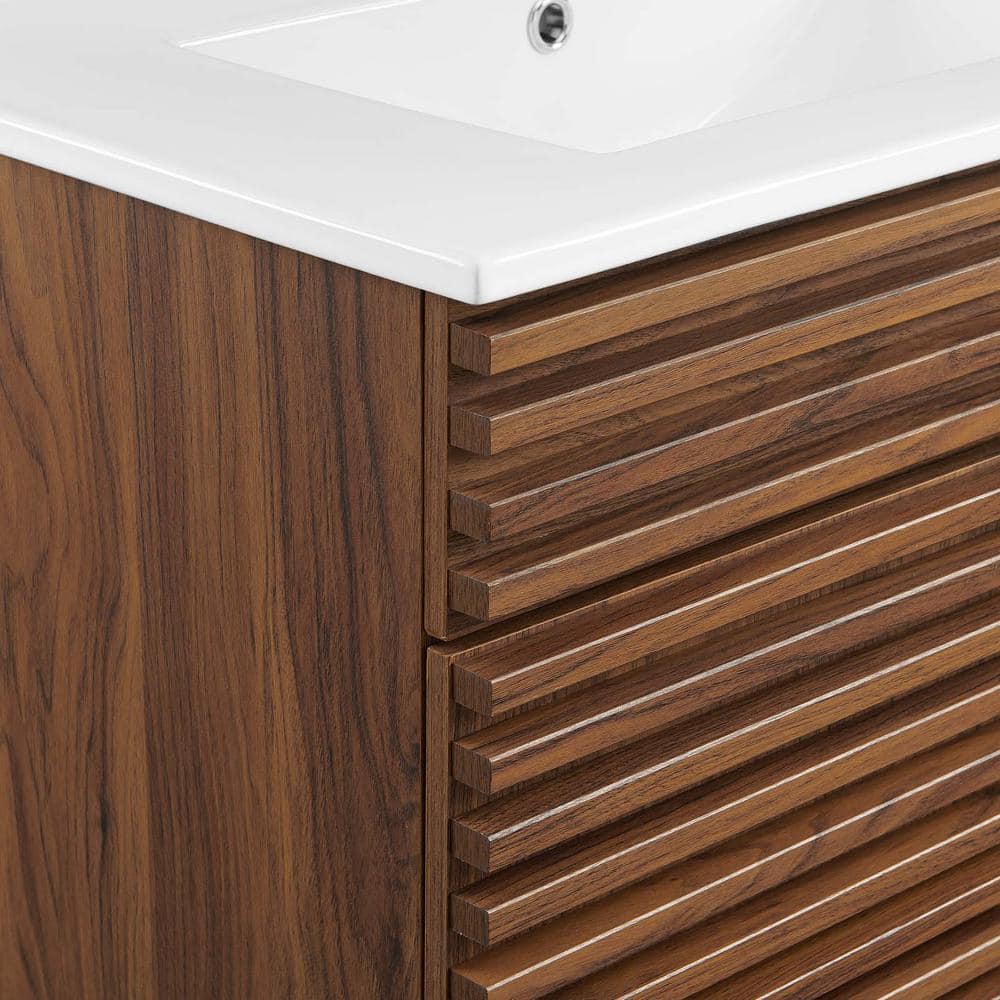 Mid-Century Modern 30" Walnut White Vanity Cabinet with Ceramic Basin