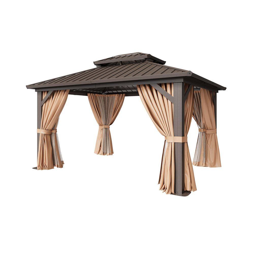 12 ft. x 10 ft. Brown Outdoor Dual-Layer Galvanized Steel Gazebo with Netting and Curtains for Garden, Patio, Lawns price history on PriceWatchPro