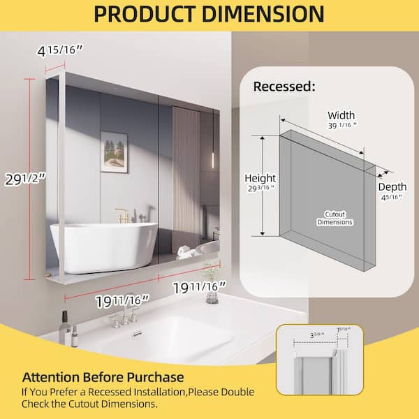 Blanc 40 in. W x 30 in. H Rectangular Aluminum White Medicine Cabinet with Mirrors for Bathroom Recessed / Surface Mount