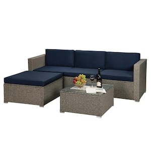 5-Piece Wicker Outdoor Sectional Set Sofa Gray Mix Yellow with Navy Cushions