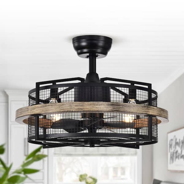 Parrot Uncle 20 in. Indoor Modern Mesh Metal Drum Caged Black Ceiling Fan with Light Kit and Remote Control