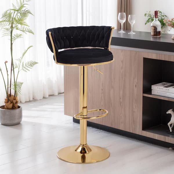 Adjustable Barstools Set, Counter Height Stools with Back and Arm, Velvet Woven Kitchen Island Stools, Black Set of 4