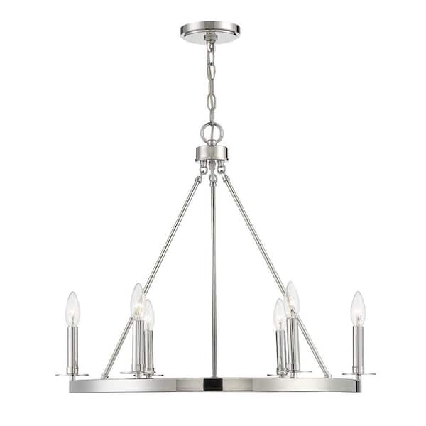 Savoy House 26 in. W x 22 in. H 6-Light Polished Nickel Wagon Wheel Metal Chandelier with No Bulbs Included