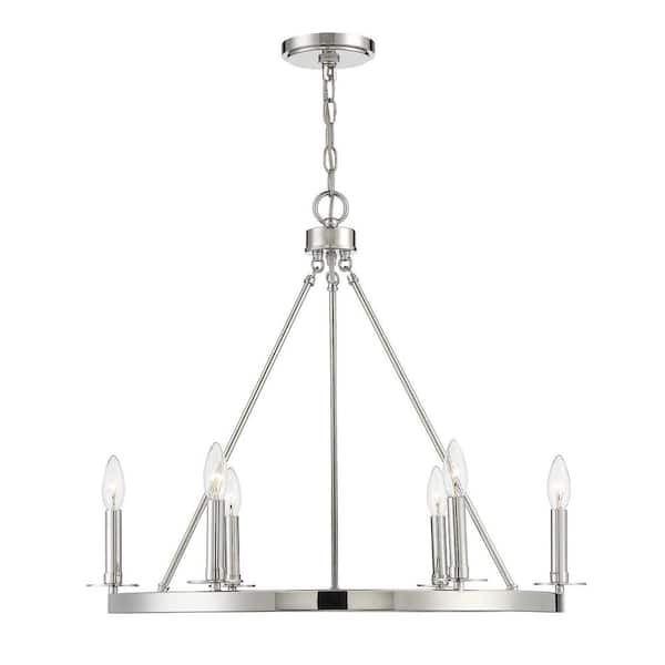 TUXEDO PARK LIGHTING 26 in. W x 22 in. H 6-Light Polished Nickel Wagon Wheel Metal Chandelier with No Bulbs Included
