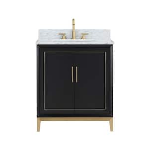 Gracie 30 in. W x 22 in. D x 38 in. H Single Sink Freestanding Bath Vanity in Midnight Black with White Marble Top