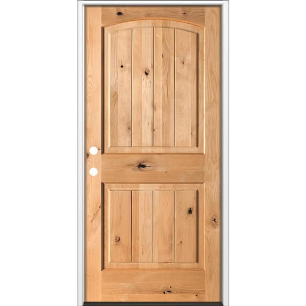 42 in. x 80 in. Rustic Knotty Alder Top Arch V-Groove Right-Hand/Inswing BEHR Cedar Stain Wood Prehung Front Door