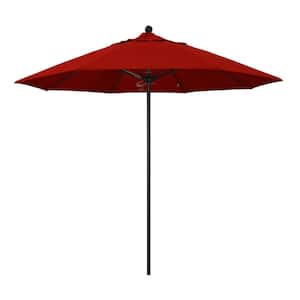 9 ft. Black Aluminum Commercial Market Patio Umbrella with Fiberglass Ribs and Push Lift in Jockey Red Sunbrella