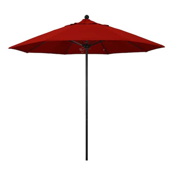 California Umbrella 9 ft. Black Aluminum Commercial Market Patio Umbrella with Fiberglass Ribs and Push Lift in Jockey Red Sunbrella