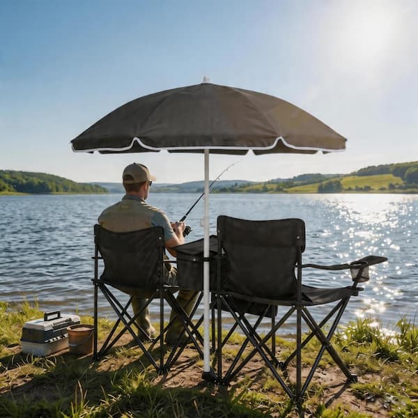 2 seat patio umbrella chair 2-Person Black Outdoor Portable Double Folding Camping Chair Beach Chair  Set with Umbrella and Cup Holders 0514CAMSET-02-01