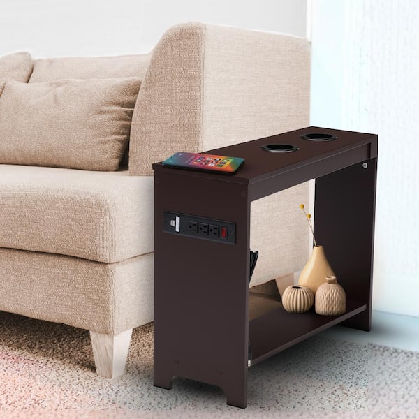 11 in. Espresso Rectangle Wood End Table with USB Ports and Outlets