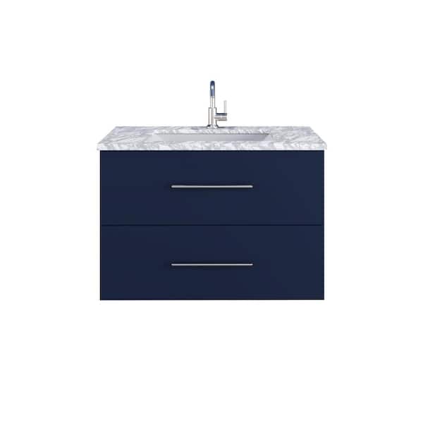VOLPA USA AMERICAN CRAFTED VANITIES Napa 36 in. W x 22 in. D x 21-3/4 in. H Single Sink Bath VanityWall in Navy Blue with White Carrera Marble Countertop