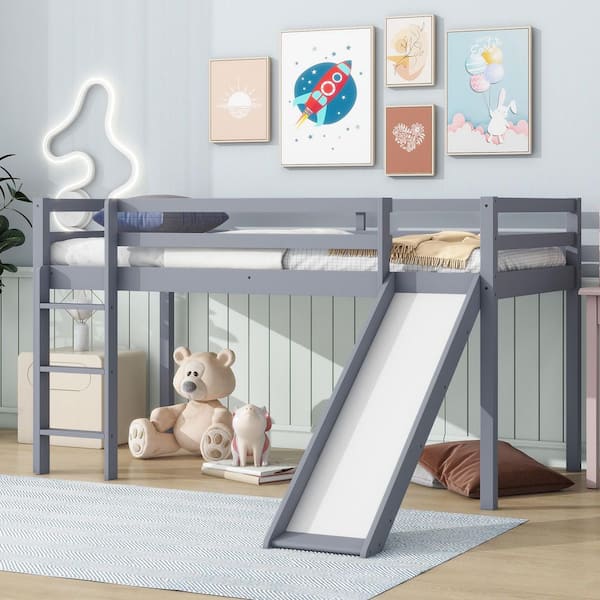 Myra Grey Twin Size Low Loft Bed with Slide, Ladder, Guardrails