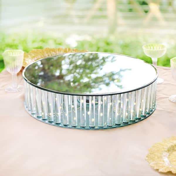 1-Tier Clear Round Mirror LED Fairy Light Up Glass Columns Cake Stand Dessert Display Tray 16 in.