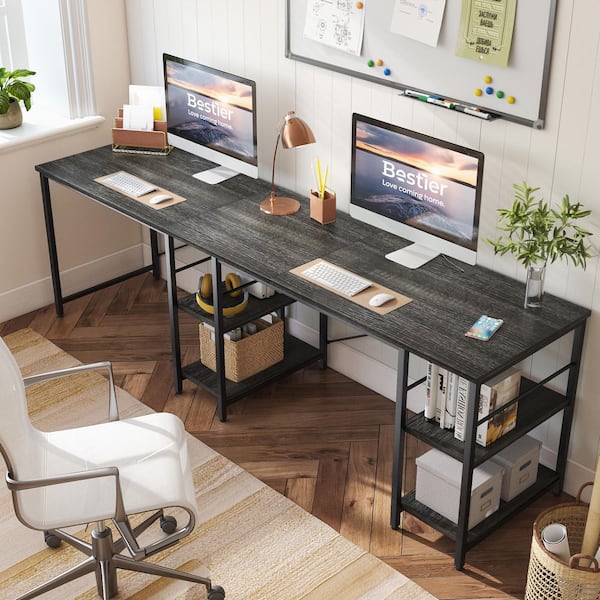 Bestier 95 in. Charcoal L-Shaped Computer Desk with Storage Shelves, Grey