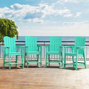 Apple Green Plastic Adirondack Outdoor Bar Stool with Cup Holder Weather Resistant Wave Design Bar Chair(4-Pack)