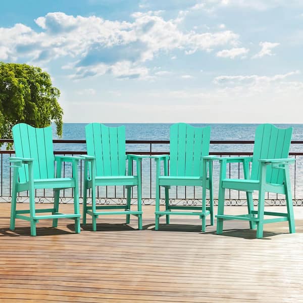 LUE BONA Apple Green Plastic Adirondack Outdoor Bar Stool with Cup Holder Weather Resistant Wave Design Bar Chair(4-Pack)