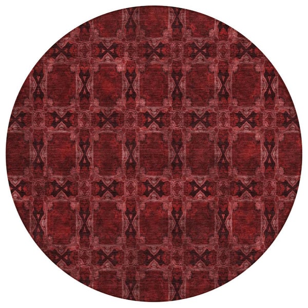 HomeRoots Burgundy and Black 8 ft. Round Woven Floral;Medallion Round Indoor/Outdoor Area Rug