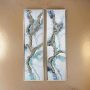 Blue, Gold and White Tall Wooden Framed Wall Art Oil Painting (Set of 2)