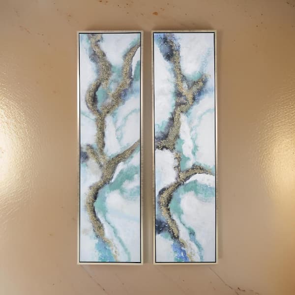 Benjara Blue, Gold and White Tall Wooden Framed Wall Art Oil Painting (Set of 2)