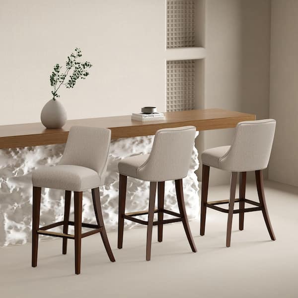 Manhattan Comfort Beever Modern 32.7 in. Taupe Wood Frame Bar Stool with Chenille Fabric Upholstered Seat (Set of 3)