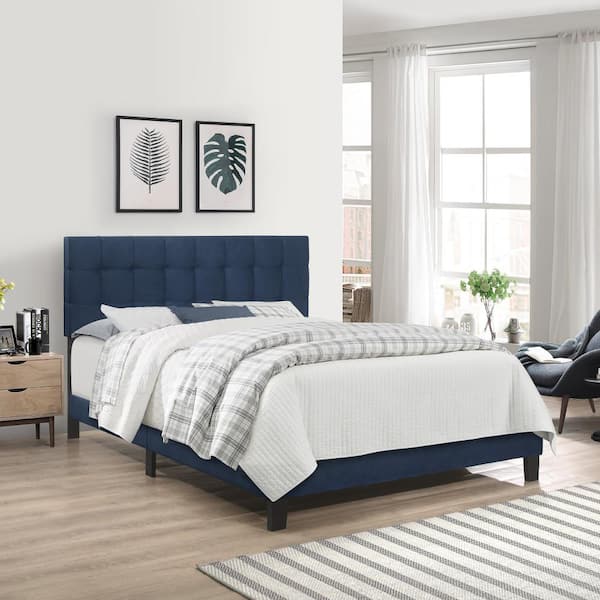 Hilale Furniture Delaney Blue Velvet, Upholstered King Bed Frame With Footboard