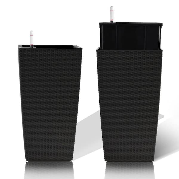 Polypropylene Plastic Square Planter Set with Automatic Watering System in Black for Patio (2-Pack)