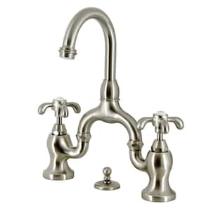 French Country Bridge 8 in. Widespread 2-Handle Bathroom Faucet with Brass Pop-Up in Brushed Nickel