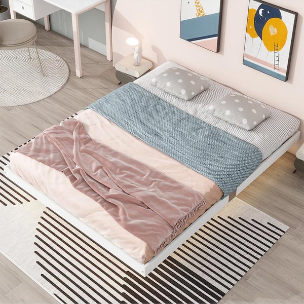 YOFE Modern Low Profile White Wood Frame Floating Queen Platform Bed ...