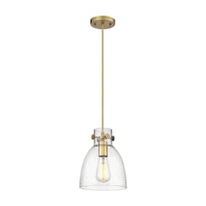 Newton Bell 100-Watt 1 Light Brushed Brass Shaded Pendant Light with Seeded glass Seeded Glass Shade