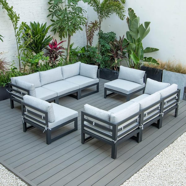 Leisuremod Chelsea Black 8-Piece Aluminum Outdoor Sectional with Light Grey Cushions