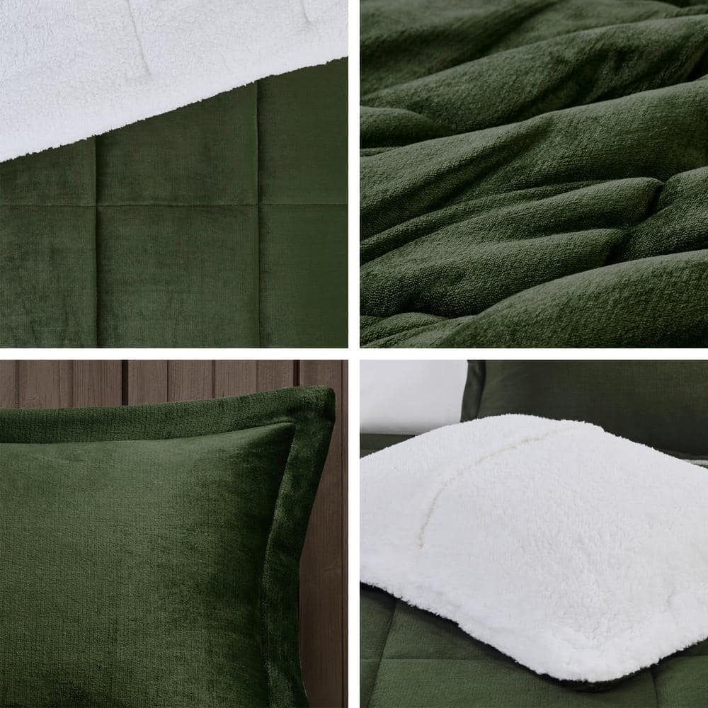 Queen Green/Ivory Microfiber Reversible Comforter Set with Sherpa