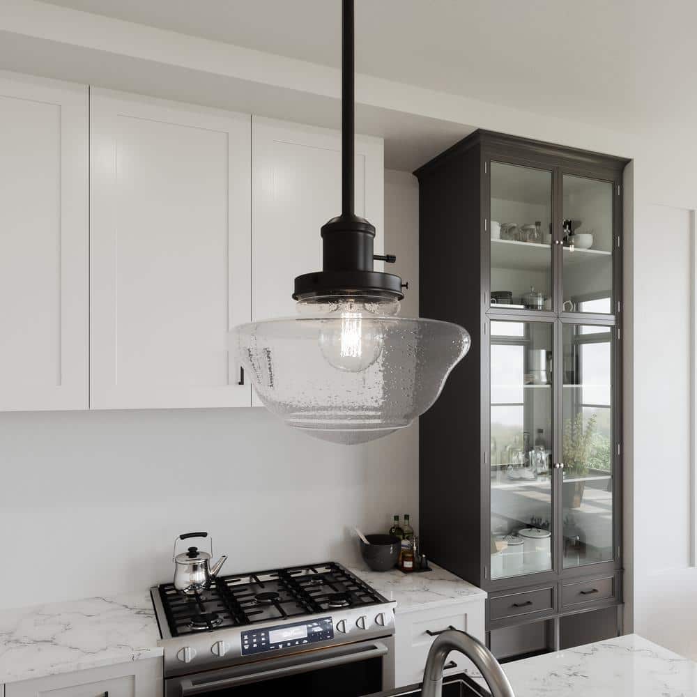 Schoolhouse Matte Black Mini Pendant with Seedy Glass Shade