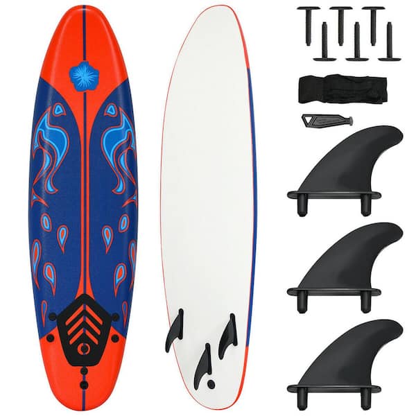 Costway 72 in. Red Surfboard Foamie Body Surfing Board W/3 Fins & Leash for Kids Adults